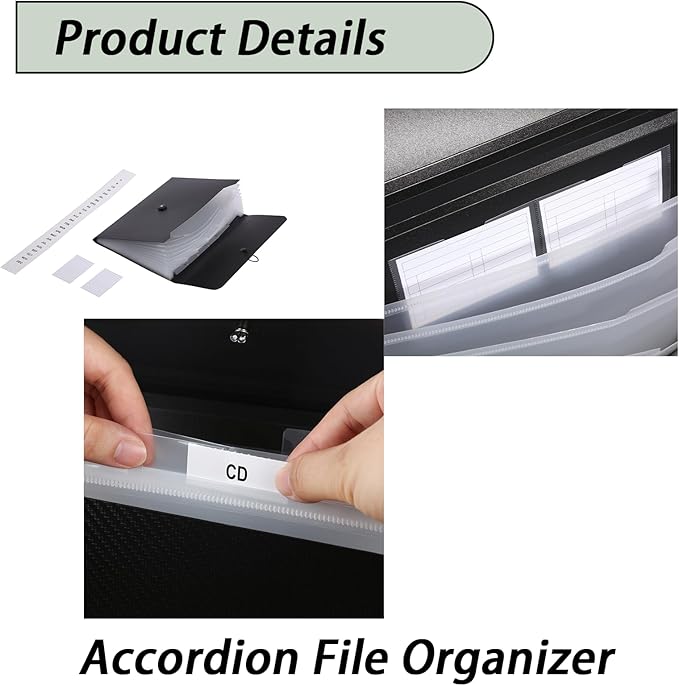 A4 Paper Document Organizer Expanding File Folder with 13 Pockets Accordion File Holder with Tabs for Home School Office, Black Plastic Material