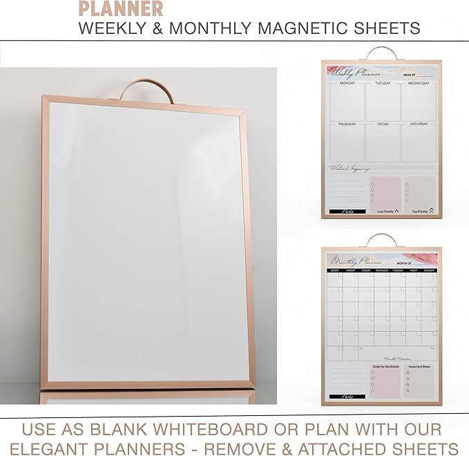 Magnetic Dry Erase Board 12x16 with Handle, Double Sided Portable Rose Gold Whiteboard for Home, Office, School & Kitchen, Includes Weekly & Monthly Magnetic Planner Sheets