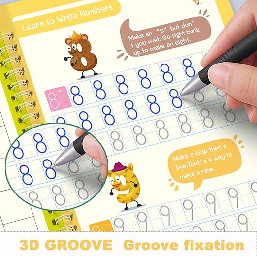 Large Magic Grooved Handwriting Book Practice,Handwriting Practice Copybook,Reusable Practice Book for Preschool Age 3-8 Back to School Supplies(4 Large Books with Magic Pens)