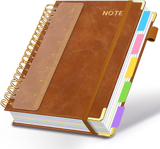 Hardcover Spiral Notebooks for Work 6.2"x 8.2", 300 Pages 5 Subject Notebook with Dividers & Tabs, A5 Spiral Journal for Women, College Ruled Notebook for School Note-Taking (Light Brown)
