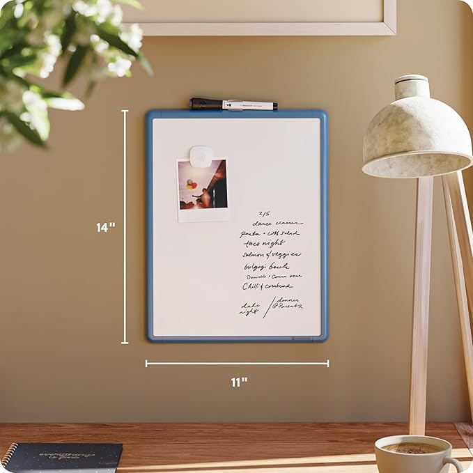 U Brands 11" x 14" Magnetic Dry Erase Whiteboard for Wall, Contempo Dry Erase Board with Blue Modern Frame, Includes Dry Erase Marker with Eraser & Magnet (7083U00-01)