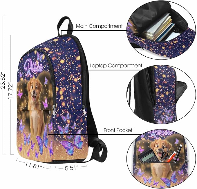 M YESCUSTOM Custom Girls Backpack with Pet Face Personalized School Bookbag with Lunch Bag Kids Backpacks for Girls Boys Elementary Preschool Cute Book Bag Daypack Travel Bag Water Bottle