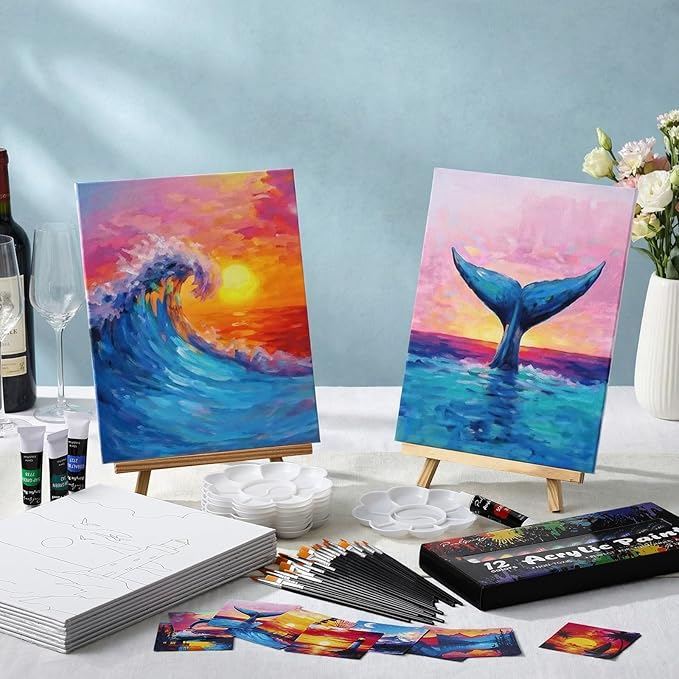 Ctosree 72 Pcs Natural Scenery Paint and Sip Kit for Adults 8'' x 10'' Pre Drawn Canvas for Painting DIY Pre Printed Canvas for Party Favor Afro Acrylic Painting Kit Wood Easel Brushes Bulk