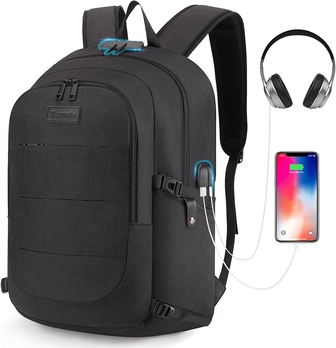 Tzowla Travel Laptop Backpack Water Resistant Anti-Theft Bag with Lock | 15.6 Inch Computer Business Backpacks with Giant Tumbler Holder Pocket for Women Men Work College Gift,Casual Daypac,Black