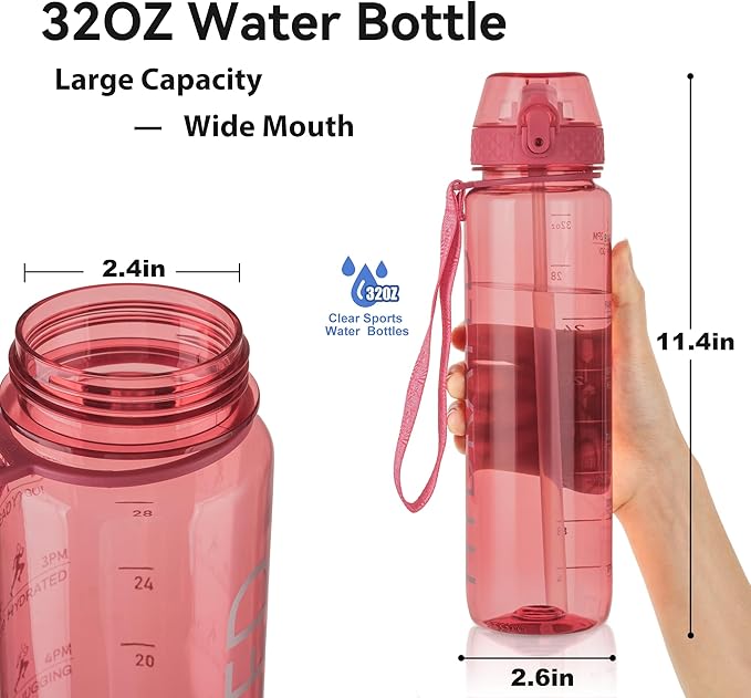 GOPPUS Water Bottle Clear Water Bottles 32oz Motivational with Time Marker Tritan BPA Free Sports Water Bottles Wide Mouth for Gym Travel Home School Office