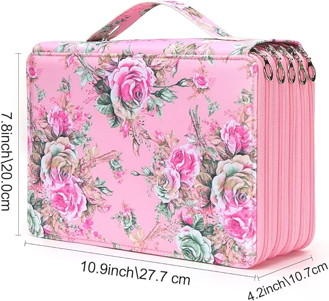 Vomgomfom 252 Slots Pencil Bag, 5-Layer Zipper Art Supply Organizer, PU Leather Portable Colored Pencil Case with Handle for 252 Watercolor Pens, Gel Pens (Pink Rose)