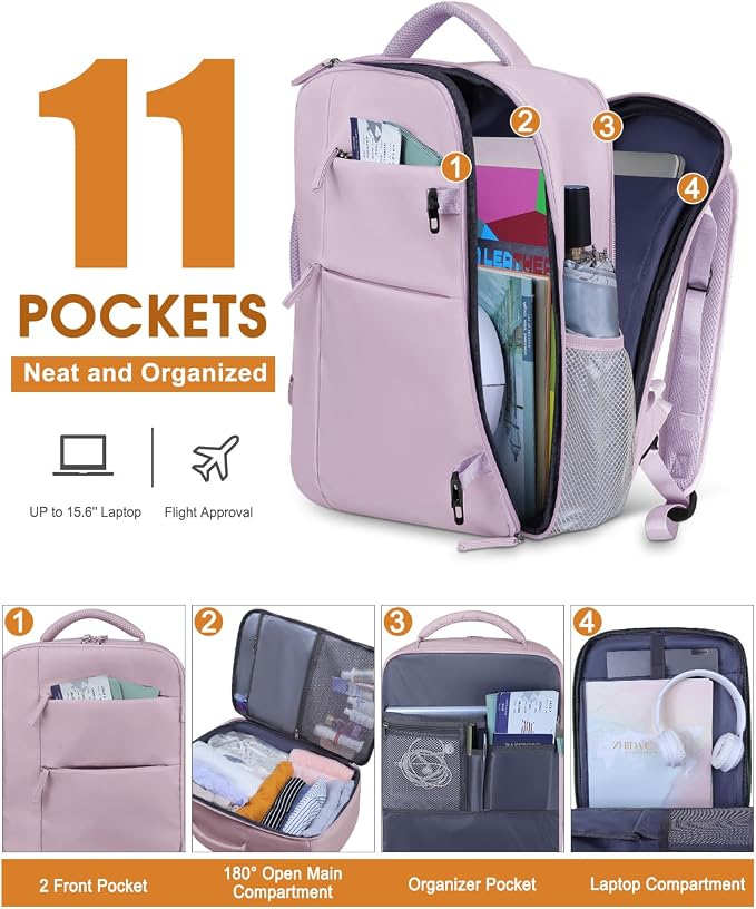 Capolo Travel Backpack for Women Men Waterproof Laptop Backpack Airlines Approved Personal Item Backpack Bag Computer Bookbag for Business, Work, Traveling Fits 15.6 Inch Laptop(Purple)