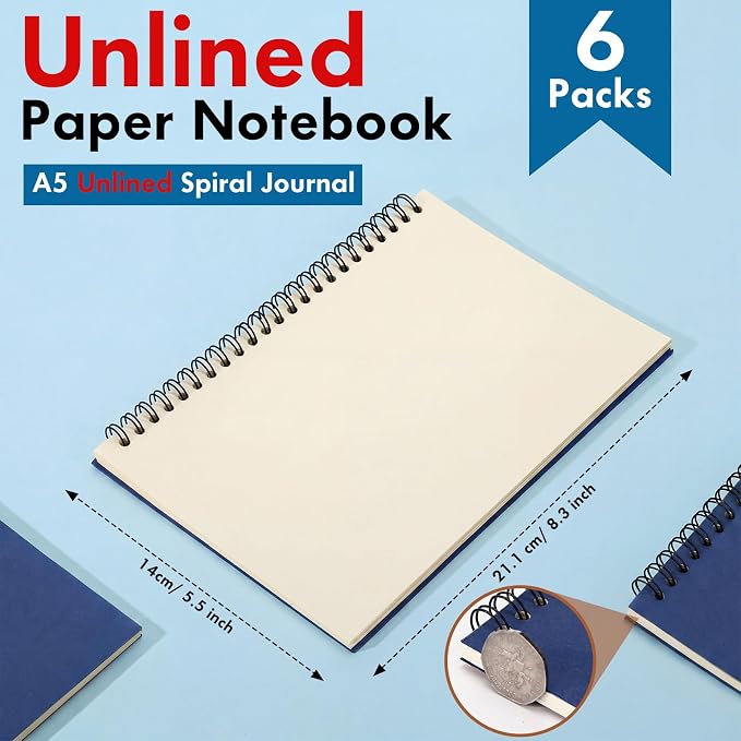 Epakh 6 Pack Spiral Notebook Bulk, Back to School Hardcover Spiral Journal Notebook 5.5 x 8.3 Inch, First Day of School Travel Writing Journal Notepad, 50 Sheets 100 Pages(Unlined,Navy Blue)