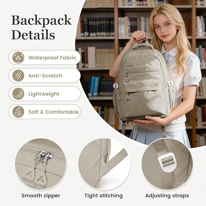 Backpack for College Students Women Men, Aesthetic Backpacks for Middle School, Waterproof Bookbag, Lightweight High School Backpack for Teens Boys Girls(Gray Brown)