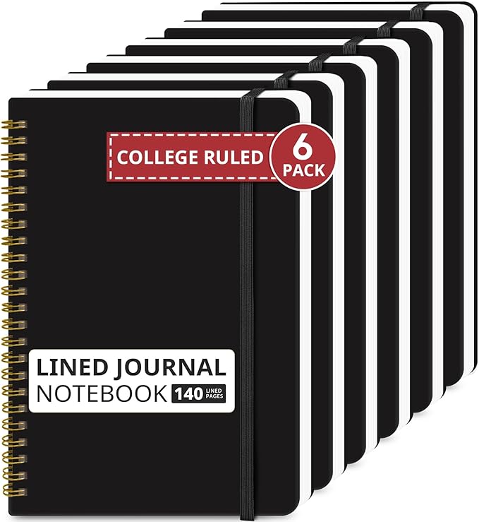 Taja Lined Spiral Journal Notebook for Women & Men, 140 Pages, College Ruled Hardcover Notebook for Work & Note Taking, Journals for Writing, A5(5.7" x 7.9") -Black, 6 Pack