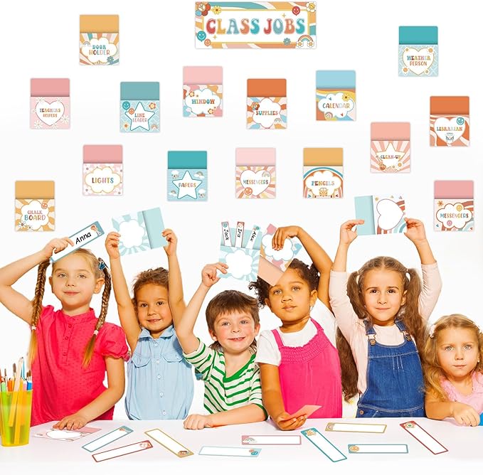 ZOiiWA 81pcs Groovy Class Jobs Bulletin Board Hippie Themed Classroom Jobs Pocket Chart Set Teacher's Helper Chalkboard Decor Classroom Bulletin Board Set Wall Decoration for Back to School Supplies