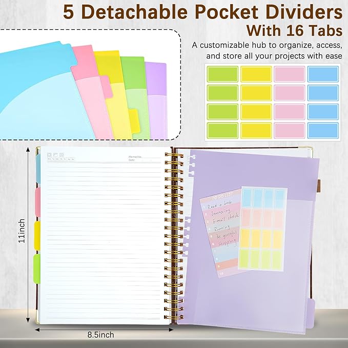 Hardcover Spiral Notebooks for Work 8.5''x 11'', 300 Pages 5 Subject Notebook with Dividers & Tabs, A4 Spiral Journal for Women, College Ruled Notebooks for School Note-Taking (Dark Brown)