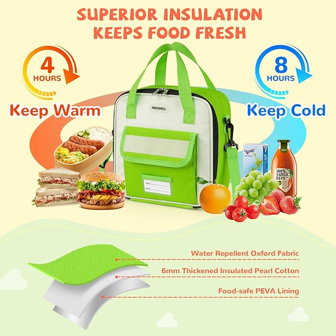 REDSHELL Tactical Lunch Box Kids, Large Insulated Lunch Bag for Boys Girls, Cooler Lunchbag, Square Toddler Lunchbox, School Daycare Lunch Tote Pail with Water Bottle Holder Shoulder Strap, Dark Green