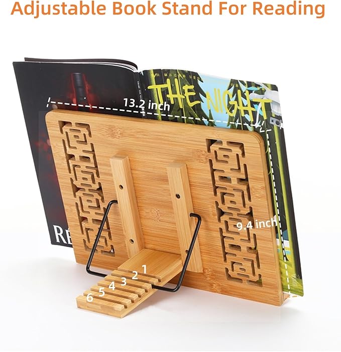 MEGREZ Book Stand for Reading (13.2 x 9.4 inch) Bamboo Cookbook Stand Holder for Kitchen, Adjustable Book Holder Stand for Tablet/Textbook Holder/Hollow Bookrest Stand, God is Within her