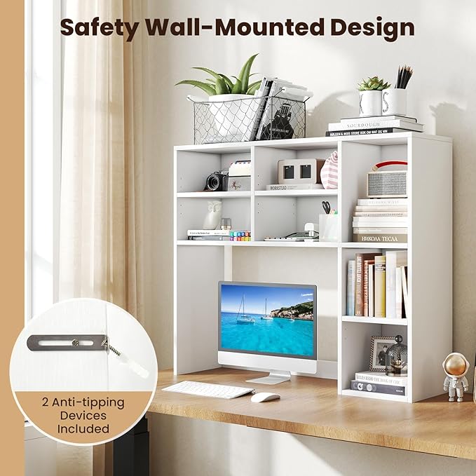 Giantex Desktop Bookshelf, Desk Hutch Dorm w/ 7 Cubes & 3 Adjustable Shelves, Desk Shelf for Up to 27" Computer Monitors, Wooden Desktop Storage Organizer for Dorm College Office Home (White)