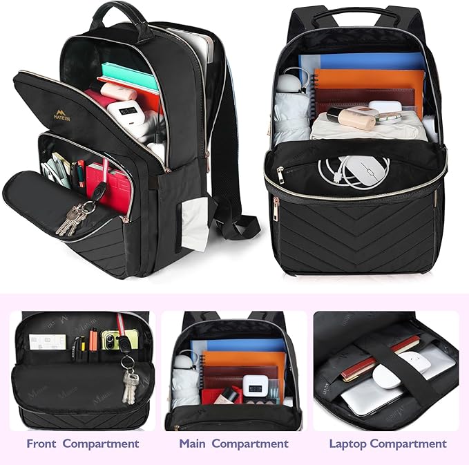 MATEIN Travel Laptop Backpack for Women, Large Water Resistant Nurse Teacher Bookbag, 17 Inch Computer Bag, Stylish Casual Daypack with Leather Handle, Perfect for Office Travel, Black