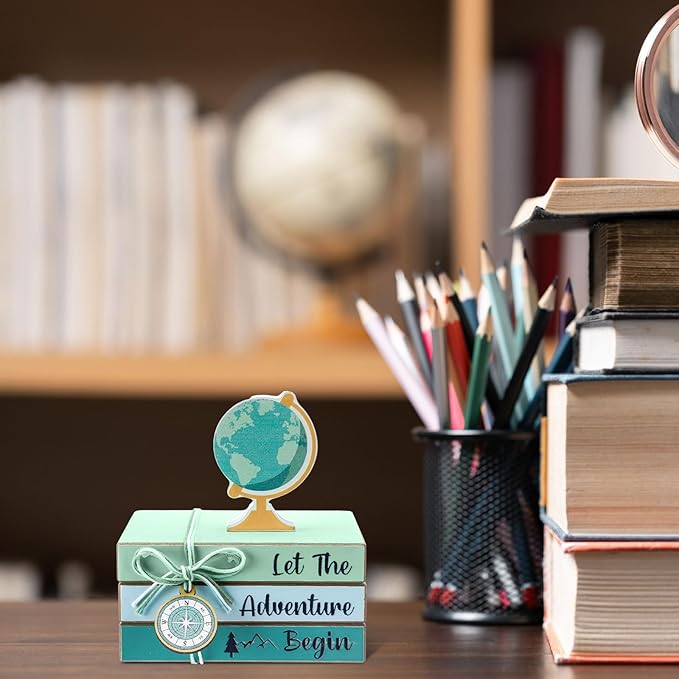 Pinkunn 4 Pcs Travel Themed Decorations Adventure Awaits Wooden Centerpieces, Let The Adventure Begin Book Stacks Table Toppers for World Bon Voyage Travel Around The World Home Office Desk Shelf