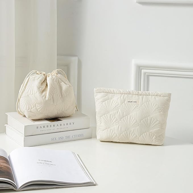 uekeboag Small White Shells Drawstring Quilted Cotton Makeup Bag for Women | Foldable,Lightweitht, Canvas Lining Coquette Quilted Toiletry Bag, Aesthetic Travel Cosmetic Bags