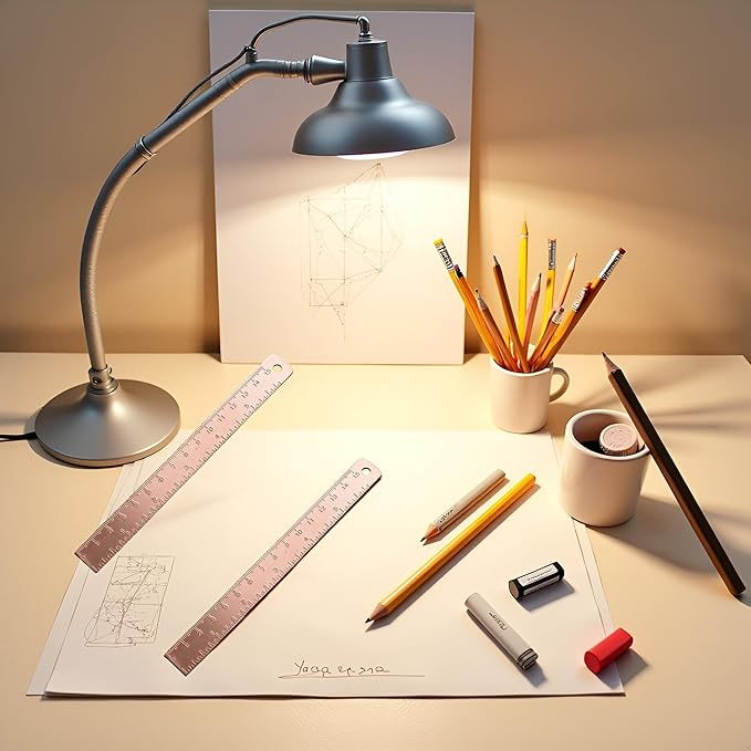 2Pcs Rose Gold Ruler, Metal Drawing Ruler, Brass Straight, Unisex Learning Measuring Bookmark Stationery for School Office Math Geometry Gift Drafting Tools and Kits