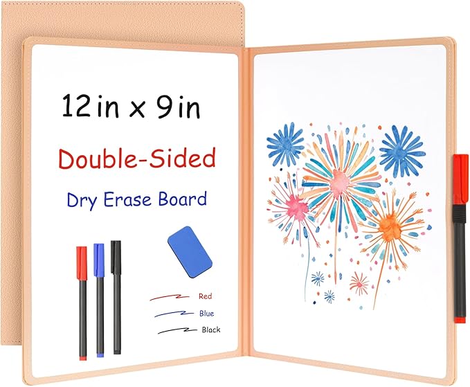 WALGLASS Double-Sided Small White Board Dry Erase, 12'' x 9'' Portable Reusable Whiteboard Notebook, Foldable Mini Handheld Board for Students Practice, Home, School, Office, Travel - Pink PU Leather