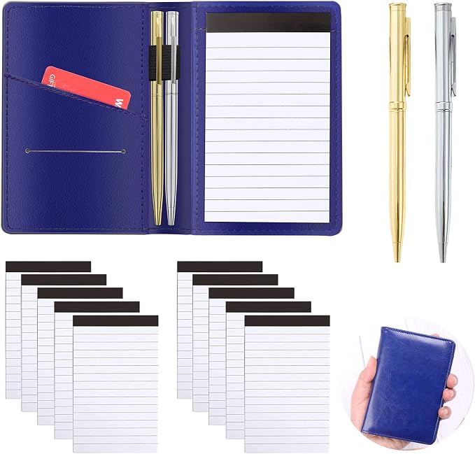 13 Pieces Mini Pocket Notepad Set,Included Leather Pocket Note pad Holder,10 Pack 3×5 Inch Small Notebook Refills,Writing Pads with 30 Lined Paper Per,2 Metal Ballpoint pens,Pocket Notebook(Navy Blue)