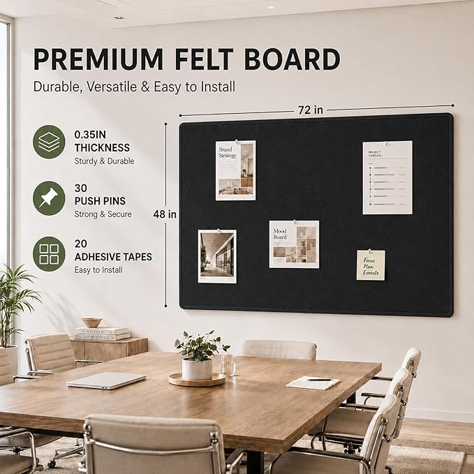 Felt Bulletin Board for Wall 72" x 48" Unfolded Size, Large Frameless Felt Pin Board, Soft Cork Board Alternative for Office, Home Planning, Notes, Photos & Wall Decor, Foldable Shipping, Easy Install