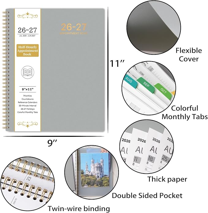 2026-2027 Appointment Book/Planner - Weekly & Monthly Planner, 9" x 11", Large, JUL. 2026 - JUN.2027, 30-Minute Interval, Daily Hourly Planner, Colorful Monthly Tabs, Inner Pocket, Grey