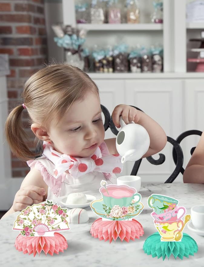 Tea Party Decorations, 9 Pcs Tea Party Table Decorations for Girls | 3D Tea Party Centerpieces for Tables, Floral Teapot Honeycomb Centerpieces for Birthday, Baby Shower Spring Party Supplies