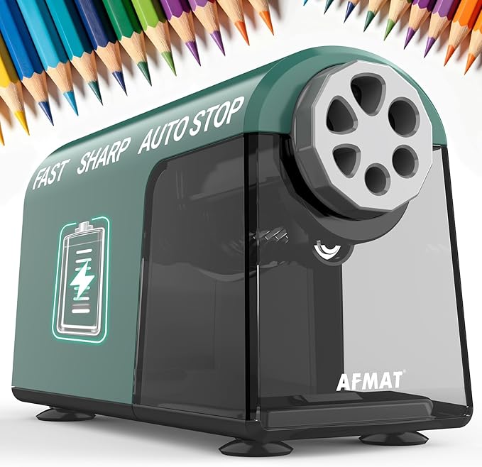 AFMAT Electric Pencil Sharpener for Classroom, 6 Holes, Cordless & Rechargeable, Fast Sharpen, Auto Stop, 10K+ Uses, Heavy Duty Pencil Sharpener for 6-11mm No.2/Large/Colored Pencils PSD2(Green)