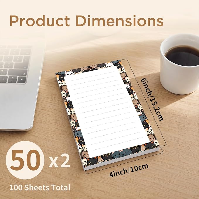 Lined Sticky Notes 4x6 in, 2 Pack Large Cute Notepads with Lines, Bright Post Memo Note Pads Big Rectangular Sticky Notes for Office Colorful Cute Cats