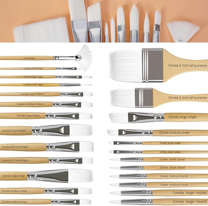 CONDA Paint Brushes Set of 24 Different Shapes Professional Painting Brushes for Oil, Acrylic Canvas and Watercolor Painting (White)