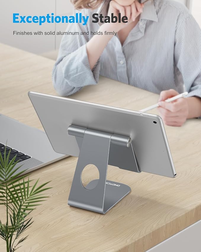 OMOTON Tablet Stand Holder Adjustable, T1 Desktop Aluminum Tablet Dock Cradle Compatible with iPad Air/Mini, iPad 10.2/9.7, iPad Pro 11/12.9, Samsung Tab and More, Grey