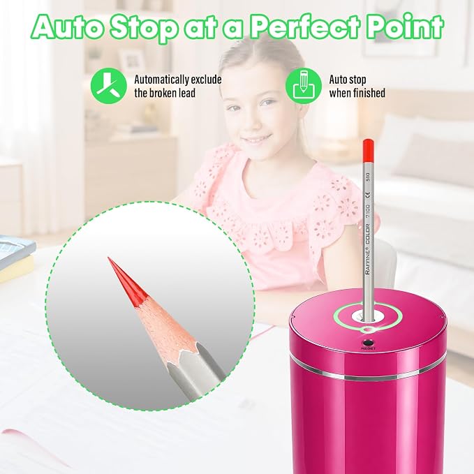Fully Automatic Electric Pencil Sharpener,Rechargeable smart Pencil Sharpener.Suitable for No. 2/Colored Pencils (6-8 mm),Applicable to School/Classroom/Office/Home（Pink）