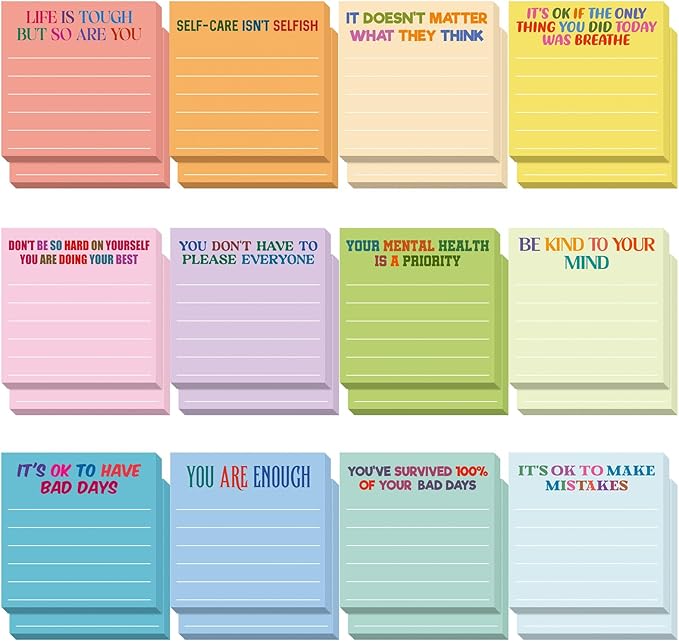 Yinder 24 Pcs Inspirational Sticky Notes Cute Motivational Sticky Notes Pad End of Year Employee Appreciation Gifts Bulk for Teacher Nurse Coworkers Office Supplies 3 x 3''(Mental Health,Light Colors)