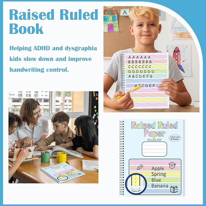 3 Pack Colored Raised Line Handwriting Paper 8.5x11 Inch Wide Ruled Writing Paper Spiral Bound with ADHD 0.63 In Spacing Multi Sensory Dysgraphia Pad Handwriting Practice Workbook for Kids Kindergarten