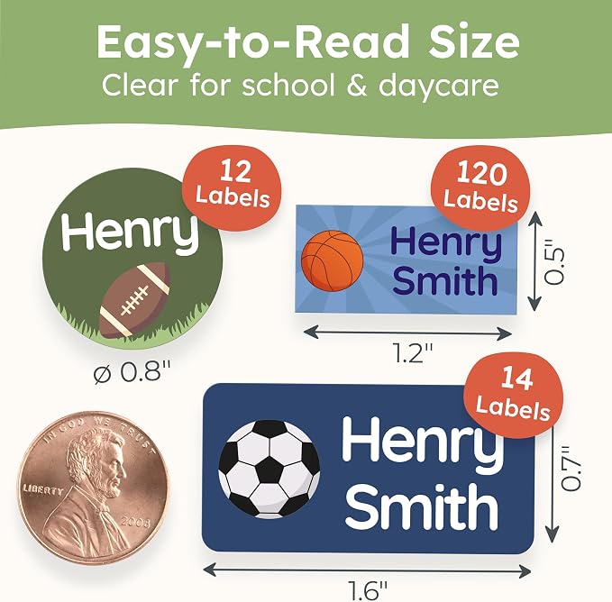 Personalized Daycare Name Labels for Kids [140pcs, League] - Waterproof Name Stickers for School, Baby Bottles & Clothing - Custom Name Stickers - Washable Stick On Labels (Various Sizes)
