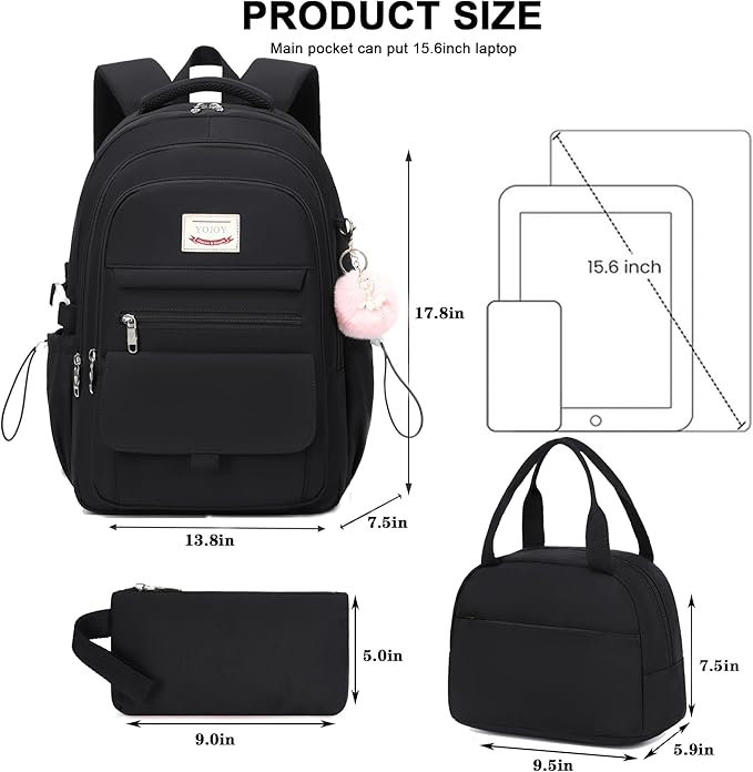 School Bag for Teens Girls,Girls Backpack Set,3 PCS Kids Backpack for Women,15.6 Inch Laptop Middle High School College Student Casual Travel Daypack with Lunch Box Pencil Pouch Set(Black)