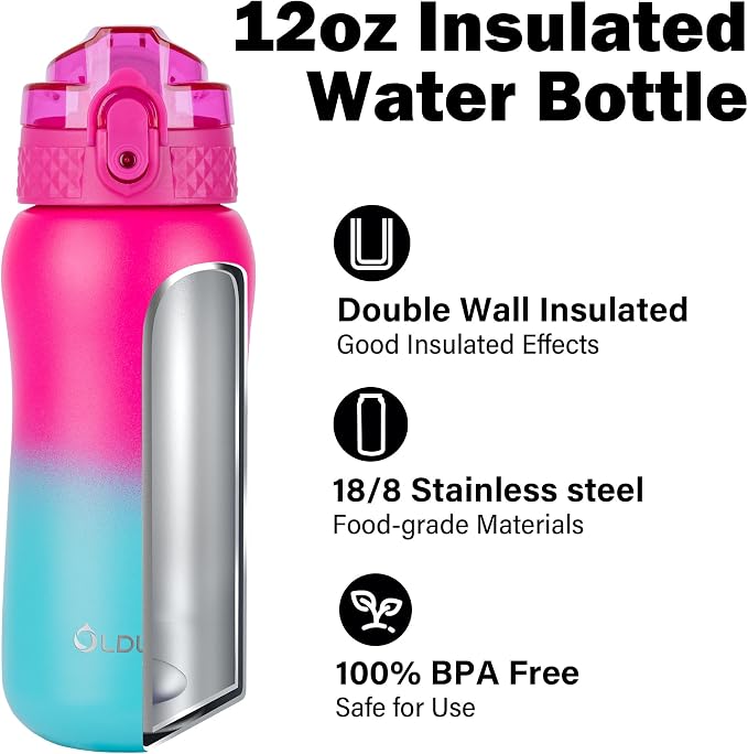 Oldley Insulated Water Bottle 12oz Kids Water Bottles with Straw, Stainless Steel Water Bottle with 2 Lids,Double Wall Vacuum Bottle, Leak-Proof Sports Bottles for School Travel, Rose Red-Green