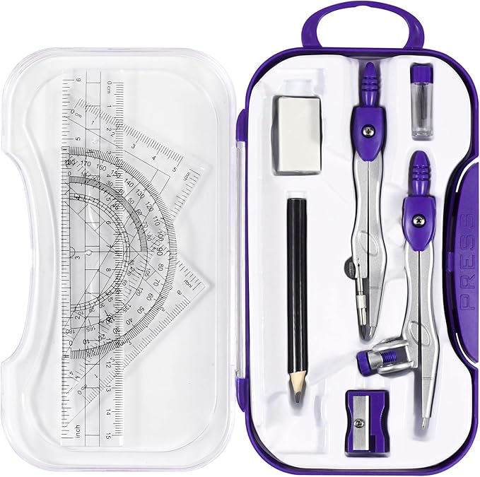 Unjoo Math Geometry Kit Sets 10 Piece Student Supplies with Shatterproof Storage Box,Includes Rulers,Protractor,Compass,Eraser,Pencil Sharpener,Lead Refills,Pencil,for Drafting and Drawings（Purple）
