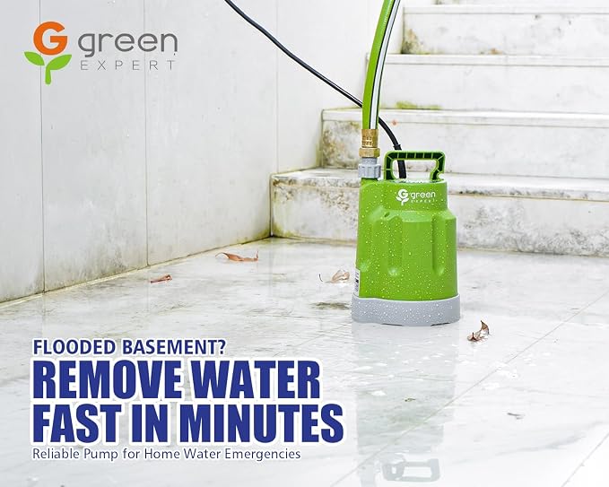 Green Expert 1/4HP Submersible Sump Pump, High Flow 1800GPH, 28FT Max Head, Portable Utility Water Pump for Basement Flooding, Emergency Water Removal, Pool, Hot Tub, Garden Drainage