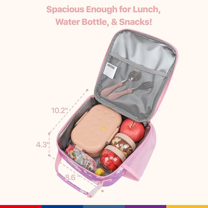 Bagseri Kids Lunch Box for Girls - Insulated Toddler Lunch Bag Fits Bento Box, Reusable Daycare Cooler Tote with Clip Handle, Water-Resistant Lining, Purple Cute Unicorn