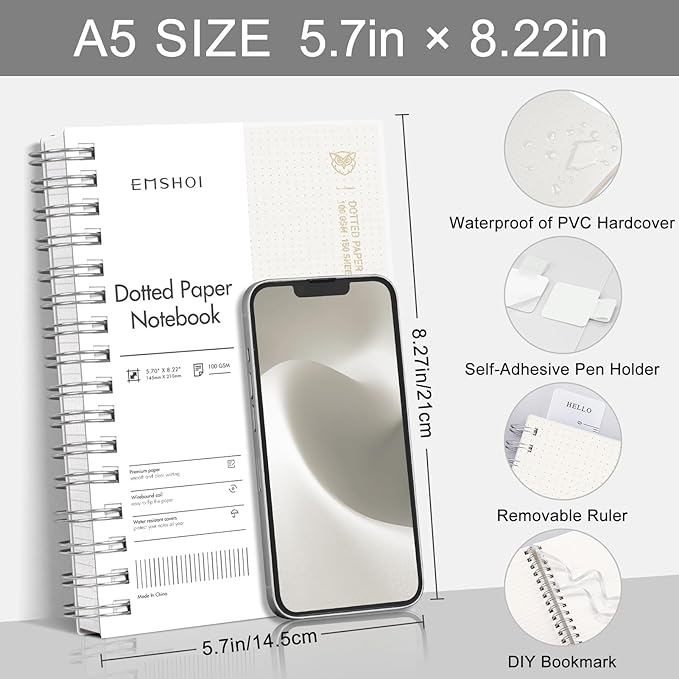 EMSHOI Spiral Notebook Dotted journal, A5 Dotted Grid Notebook with 300 Pages, 100gsm Thick Paper, Waterproof Softcover Notebook for Journaling, 5.7" × 8.22" - Transparent