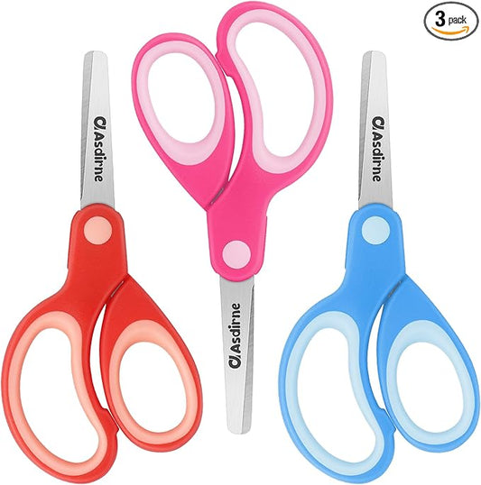 Asdirne Left Kids Scissors, Safety Children Scissors with Blunt Tip Stainless Steel Blades and Soft Grip, Great for Home and School, Assorted Color, 13.5cm, 3 Pack