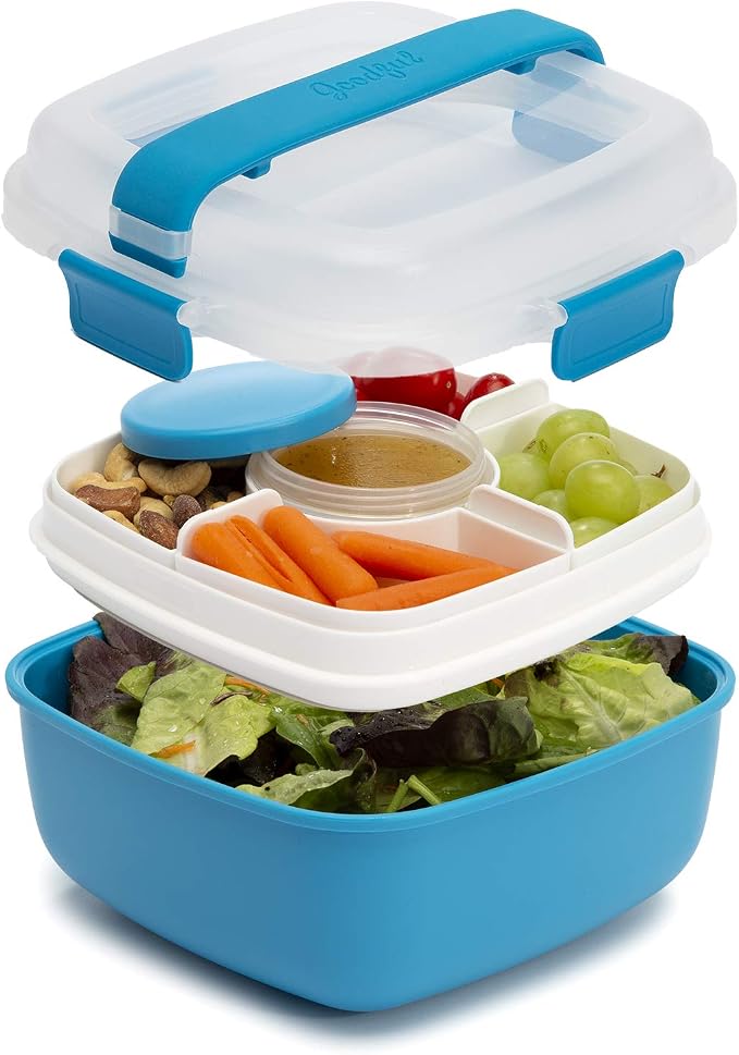 Goodful Stackable Lunch Box Container, Bento Style Food Storage with Removeable Compartments for Sandwich, Snacks, Toppings & Dressing, Leak-Proof and Made without BPA, 56-Ounce, Blue