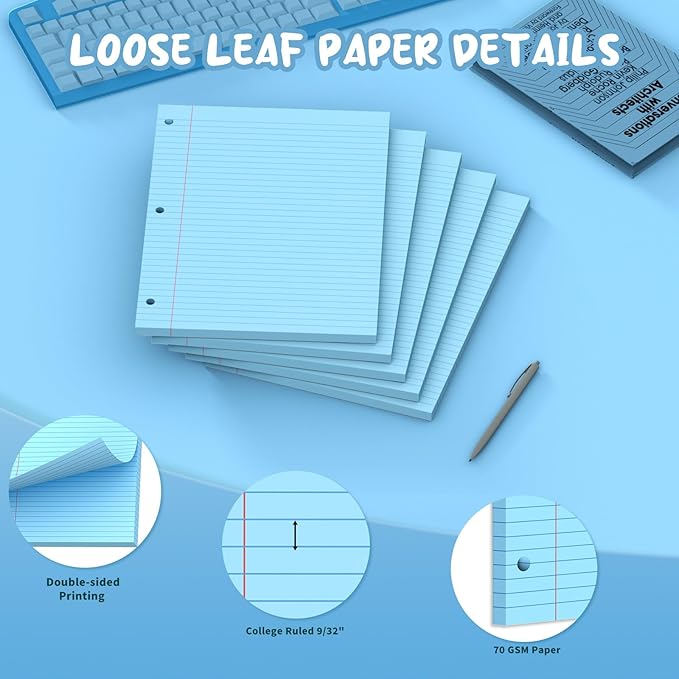 Blue Loose Leaf Paper 8 x 10.5, 120 Sheets Lined Paper College Ruled Paper, 3 Hole Punched Notebook Paper College Ruled, 3 Ring Binder Paper 8 x 10.5, Filler Paper College Ruled for Office, School