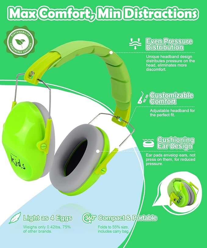 PROHEAR 032 2.0 Kids Noise Cancelling Headphones with Adjustable Headband - 25dB NRR Autism Ear Protection for Child at Mowing Studying Sleeping Racing - Green and Blue, 2 Pack