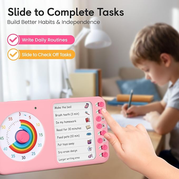 2-in-1 Visual Timer with Task Board for ADHD & Autism, Dry Erase Chore Chart and Visual Schedule for Kids & Adults, Rainbow Countdown Timer for Classroom, Home, Homeschool (Pink)