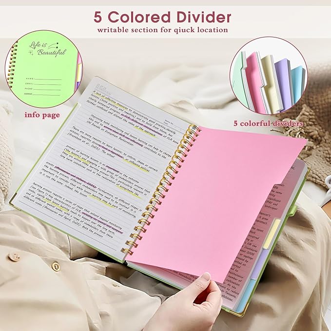 Hardcover Spiral Notebooks for Work, 5 Subject Notebook College Ruled with Dividers Tabs, Lined Organizer Notebook Journal for women, 8"x10" Large B5 Notebooks for School Note taking, 240 Pages Pink