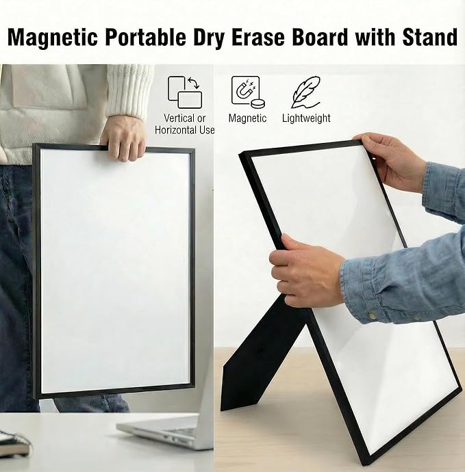Magnetic Dry Erase Board 12x16 with Foldable Stand, Portable Black Desktop Whiteboard for Home, Office, School & Kitchen, Includes Weekly & Monthly Magnetic Planner Sheets