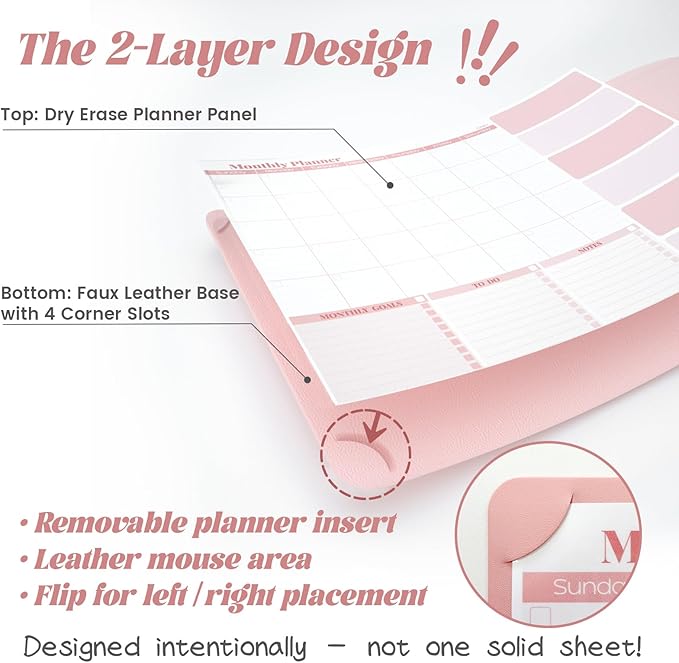 JJPRO Dual-Layer Pink Dry Erase Desk Mat,Large Multi-Use Dry Erase Desk Calendar, Erasable Desk Mat,Double-Sided Faux Leather Desk Pad,Reusable Desk Writing Board for Office, Home-16"x34"